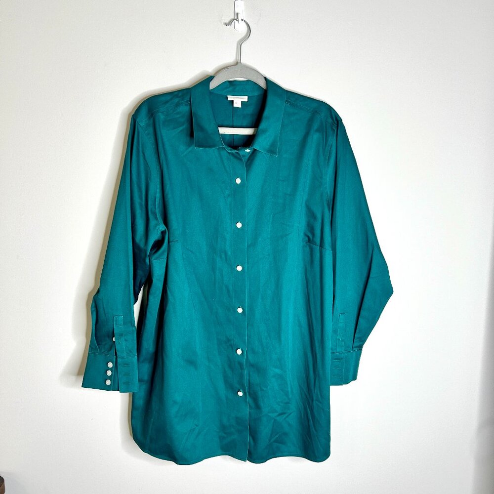 J. Jill Non-Iron Collection Dark Teal Button Down Collared Tunic Top Career XL